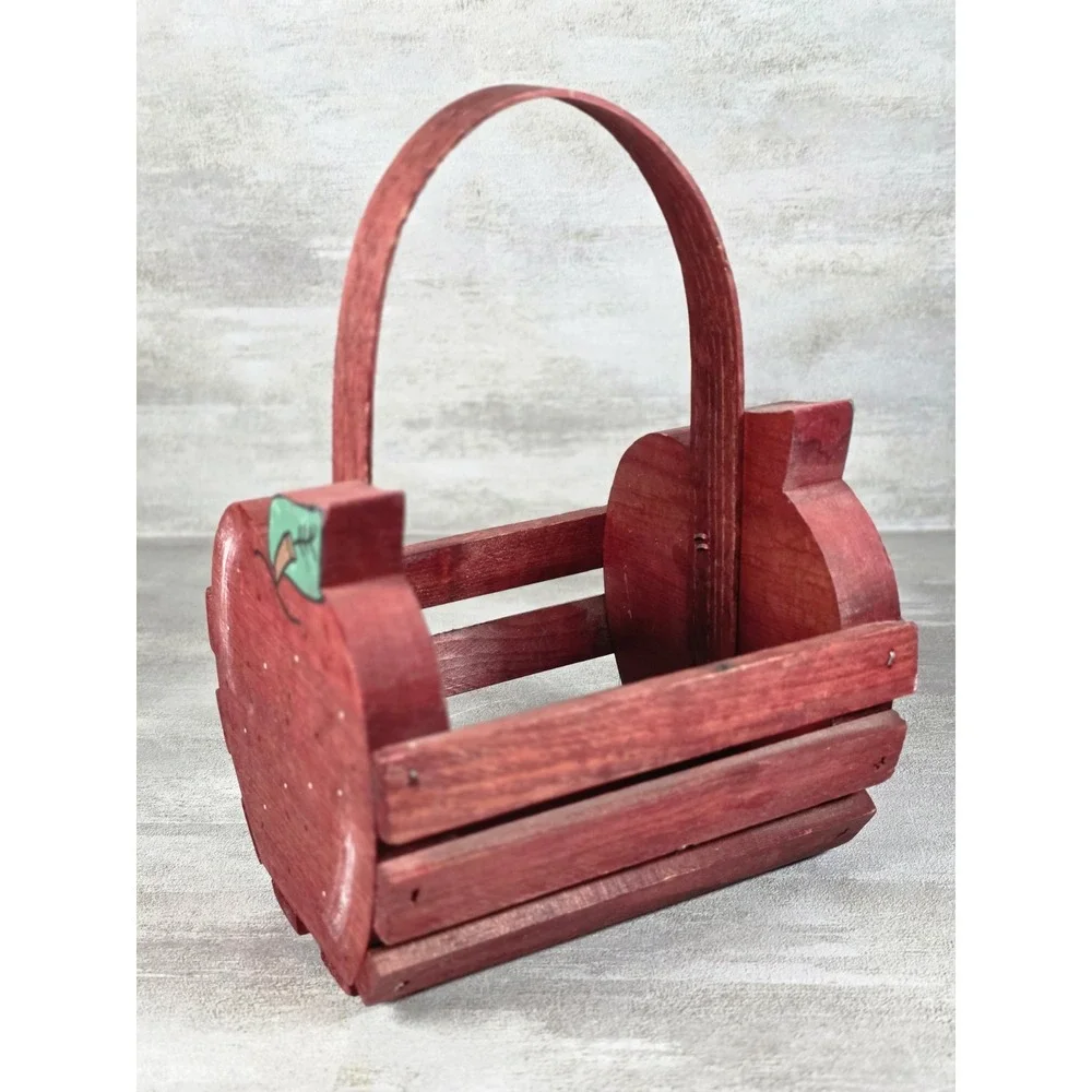 VTG hand-painted Red Wooden apple shaped basket carry handle Cottagecore Rustic